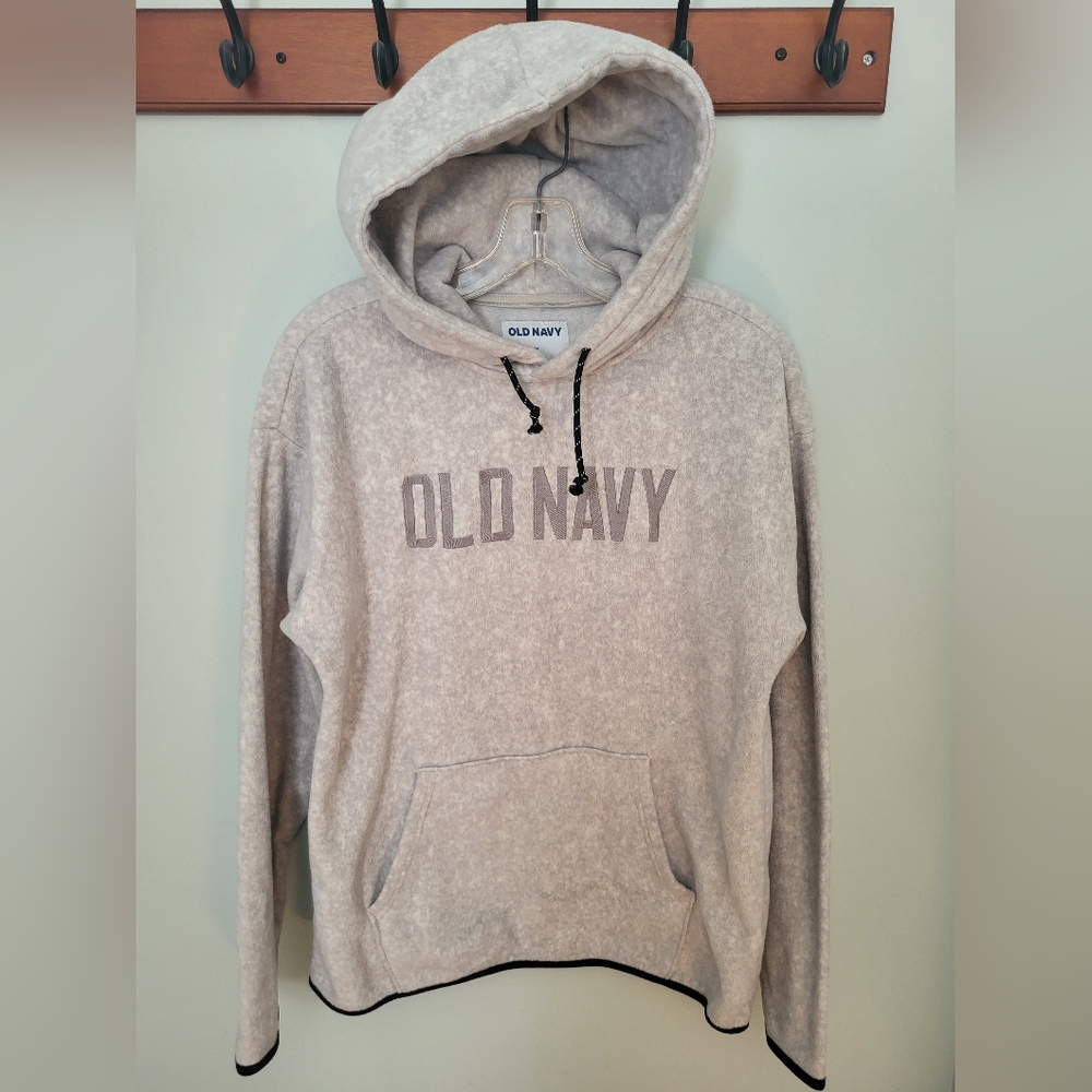 Old Navy Men Medium Logo Fleece Hoodie Sweatshirt Embroidered Gray‎ Cream Pocket